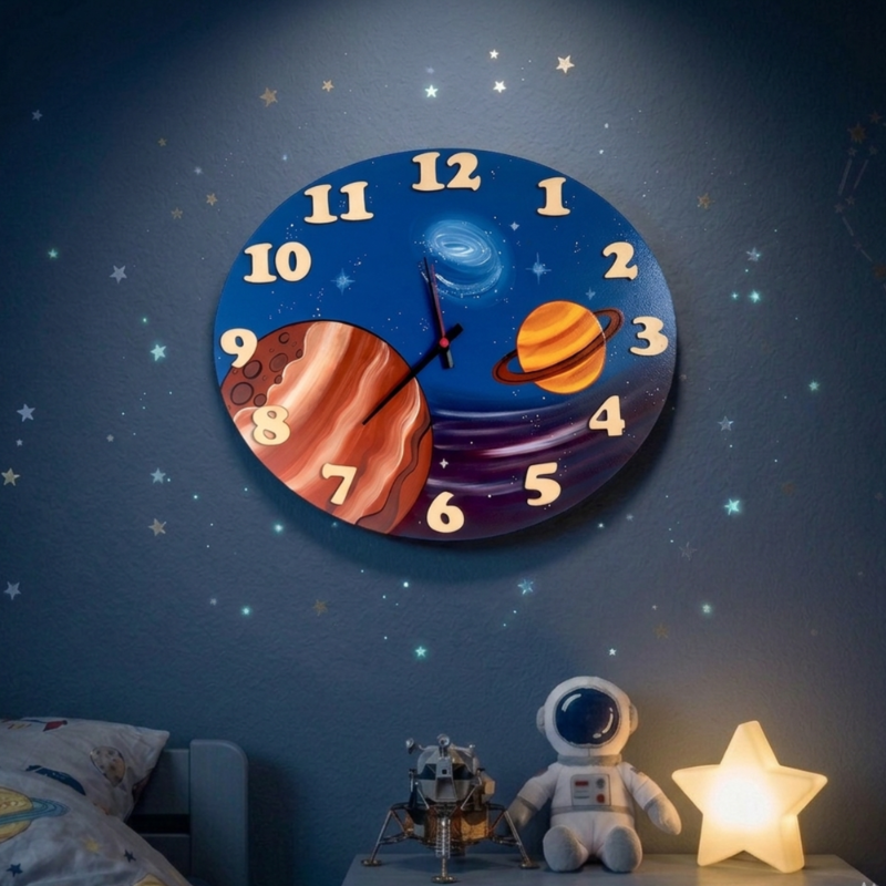 Ručně malované dřevěné Montessori hodiny s motivem vesmíru, planetami a hvězdami zavěšené na tmavě modré stěně v dětském pokoji.