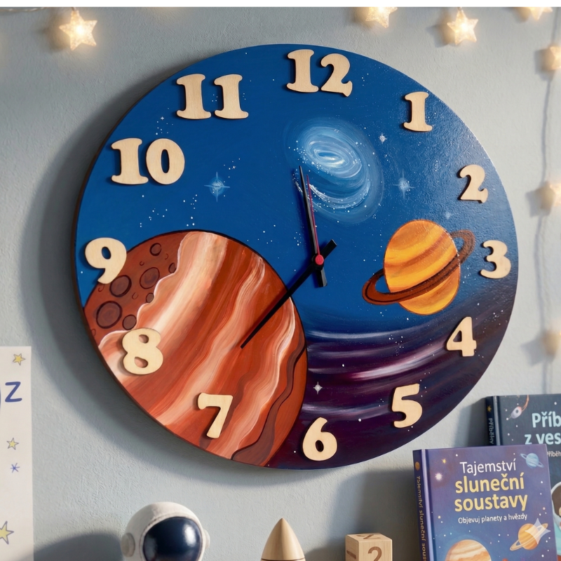 Detailní pohled na ručně malované kulaté dřevěné nástěnné hodiny pro děti s vesmírnou tématikou, zavěšené na bleděmodré zdi. Hodiny zobrazují planety Sluneční soustavy, včetně Jupiteru, Saturnu a Země, a také galaxii a hvězdy na tmavě modrém pozadí. Hodiny mají vystouplá dřevěná čísla a ručičky. Pod hodinami je dřevěná polička s hračkou astronauta, dřevěnou raketou, knihami o Sluneční soustavě.
