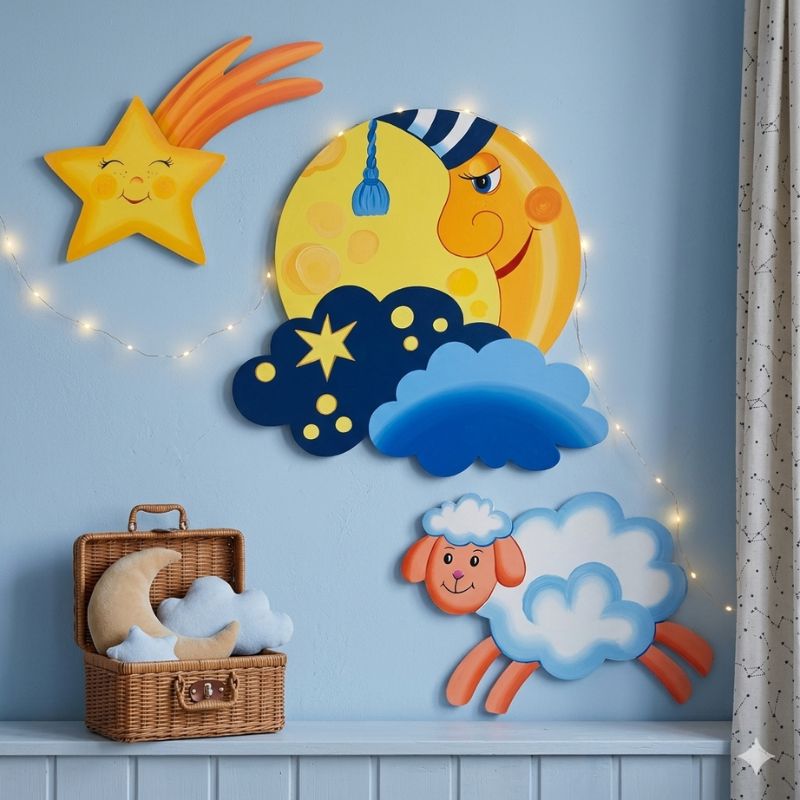 Ručně malované dekorace ze dřeva do dětských pokojíčků noční nebe